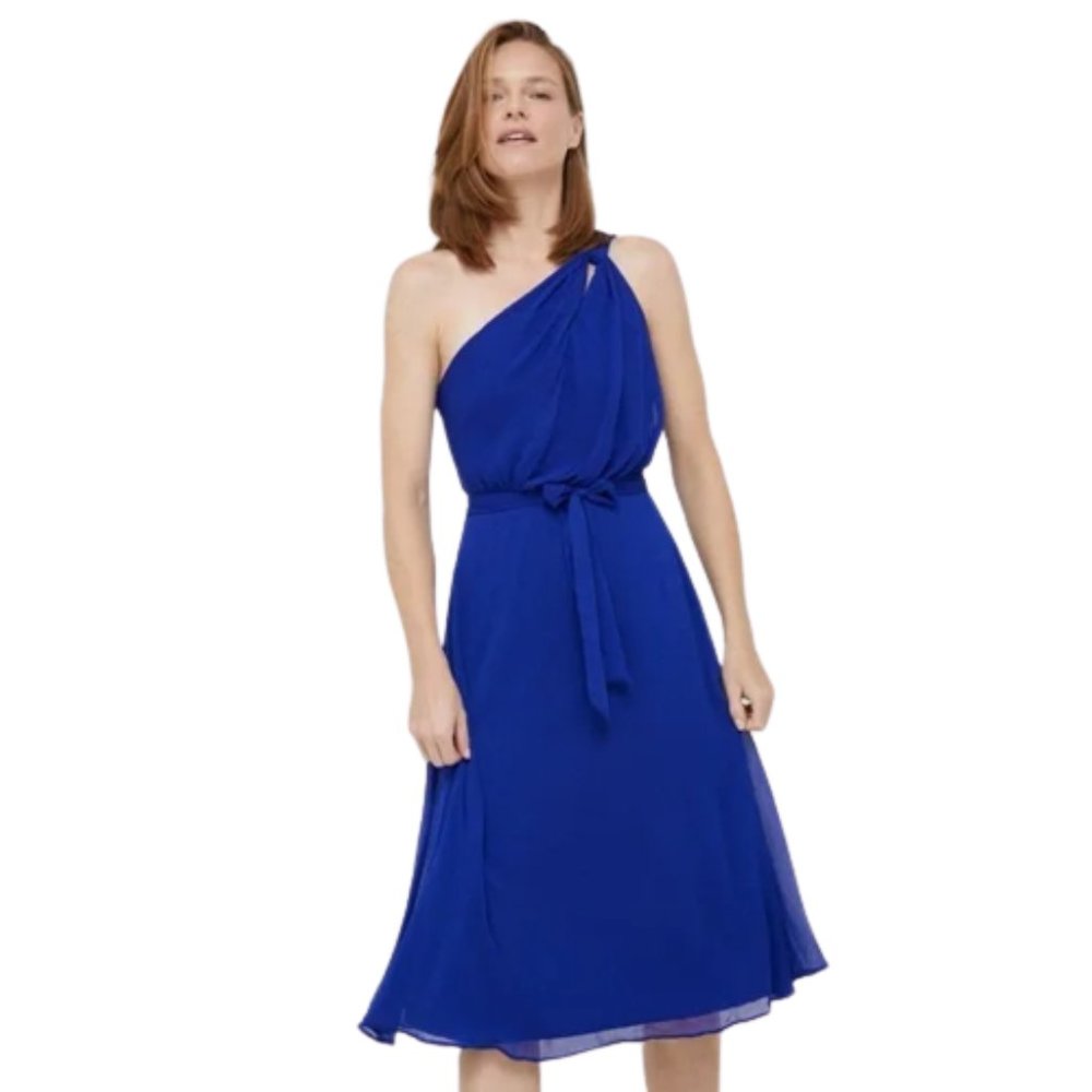 DKNY Sleeveless One Shoulder Cut-Out Tie Waist Chiffon Midi Dress